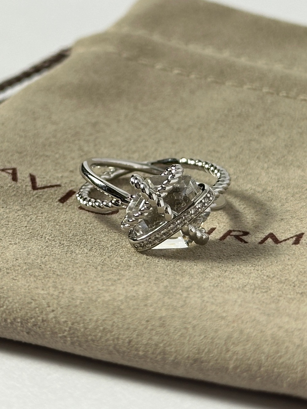 David Yurman Cable Wrap Sterling Silver Crystal & Diamonds Ring Size 6.75